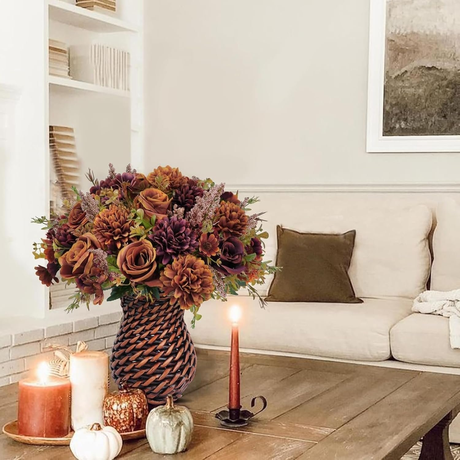 Fall Vase with Artificial Flower – 12.5" Silk Orange Roses for Home Table, Desktop, Fireplace Decor - Image 4