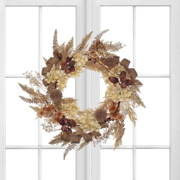 18" Fall Wreath with Hydrangea & Pampas – Boho Thanksgiving Front Door Decor