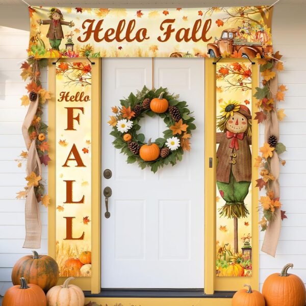 3pcs Hello Fall Porch Signs – Autumn Harvest Scarecrow & Pumpkin Banner for Front Door, Farmhouse Yard, Thanksgiving Decor