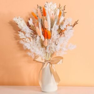 17" Dried Pampas Grass Bouquet – Orange Bunny Tail Flowers, Fall Table Centerpiece & Holiday Home Decor