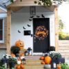 22" Halloween Wreath – Orange & Black Boxwood with Ghost, Spider & Happy Halloween Sign for Door or Home Decor - Image 3