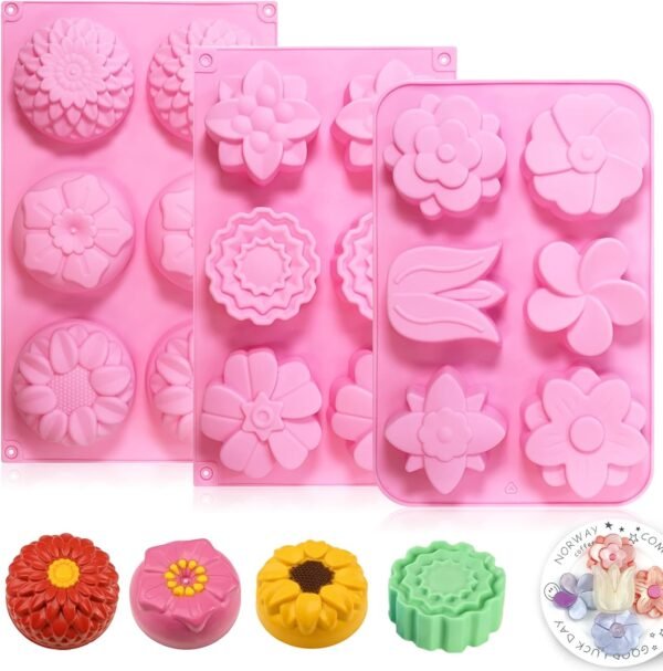 3 Pack Flower Silicone Soap Molds – 6 Cavities Each, Non-Stick & Reusable for DIY Soap & Chocolate