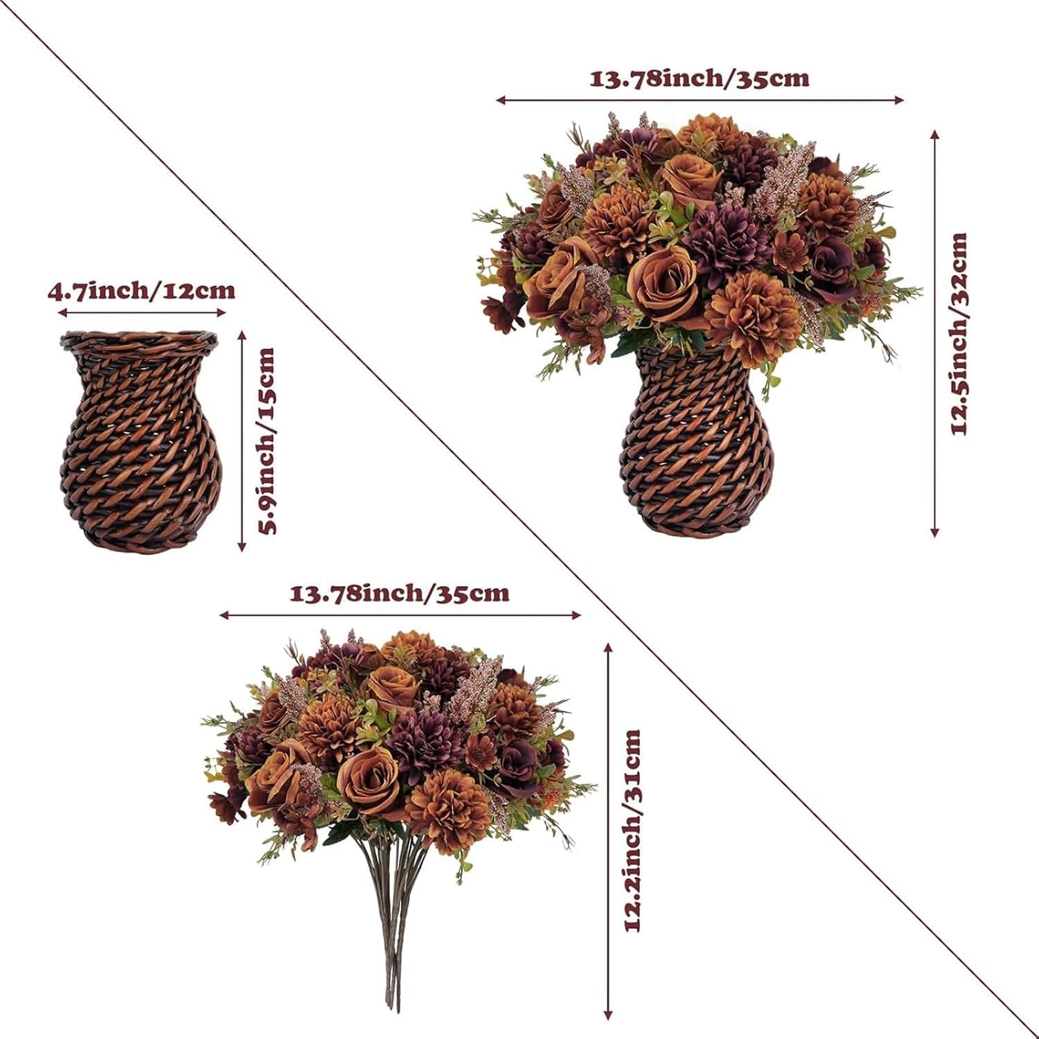 Fall Vase with Artificial Flower – 12.5" Silk Orange Roses for Home Table, Desktop, Fireplace Decor - Image 5