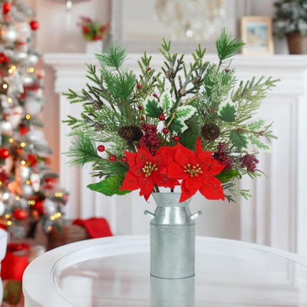 Christmas Table Centerpiece – Artificial Poinsettia, Berries, Pinecone & Greenery in Vase for Holiday Decor