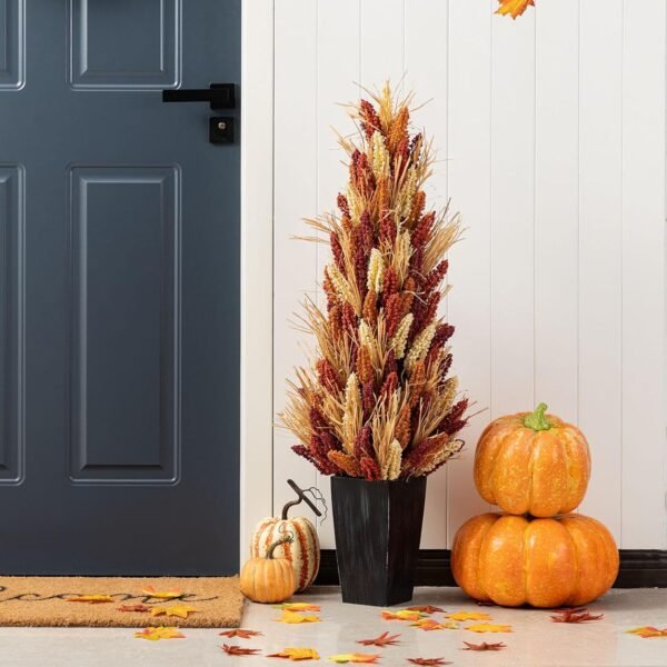 38" Artificial Fall Porch Tree – Sorghum Harvest Decor with Black Planter for Indoor/Outdoor Seasonal Display