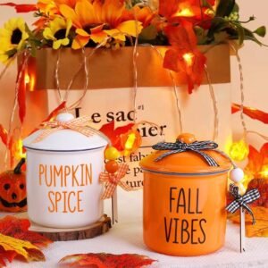 2Pcs Fall Ceramic Canisters with Lids – Mini Candy Jars with Wooden Beads, Thanksgiving Tiered Tray Farmhouse Harvest Decor