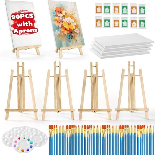 90-Pc Painting Kit for Adults & Kids – Includes 6 Easels, Canvases, Aprons, Brushes & Palettes for Parties & Beginners