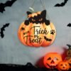 11.4" Trick or Treat Wooden Sign – Black Cat on Pumpkin Wall Decor for Halloween Home, Party & Haunted House - Image 4