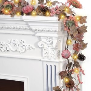 6ft Fall Sunflower Garland with Lights – Maple Leaf, Pumpkin & Berry Thanksgiving Halloween Mantel Decor