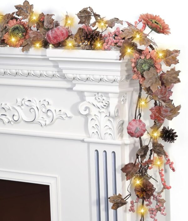 6ft Fall Sunflower Garland with Lights – Maple Leaf, Pumpkin & Berry Thanksgiving Halloween Mantel Decor