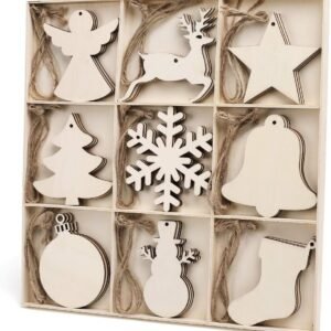 27-Pc Unfinished Wood Christmas Ornaments – DIY Hanging Snowflake, Tree, Stocking, Snowman & More