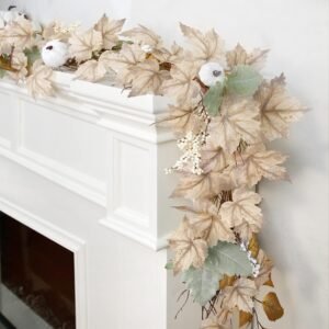 6Ft Fall Garland with Maple Leaves, Pumpkins & Berries – Autumn Decor for Mantle, Porch & Thanksgiving