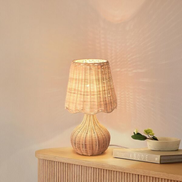 Boho Rattan Bedside Table Lamp – Mini Farmhouse Light for Nightstand, Kitchen, Bookshelf & Dorm