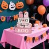 4 Pcs Pink Halloween Ghost Decor – Rustic Tiered Tray & Tabletop Centerpieces for Home & Office - Image 3