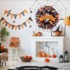 22" Halloween Wreath – Orange & Black Boxwood with Ghost, Spider & Happy Halloween Sign for Door or Home Decor - Image 2
