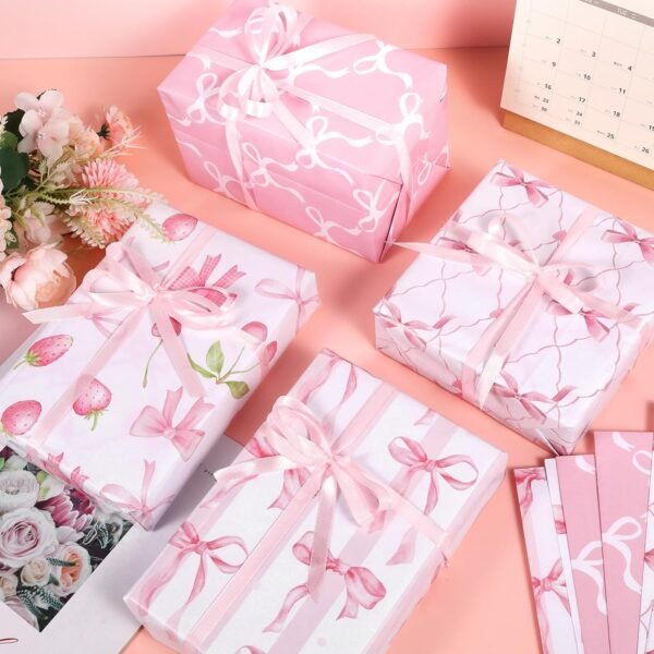 12 Sheets Pink Bow Wrapping Paper – Heart & Berry Designs for Birthdays, Weddings, Baby Showers & More