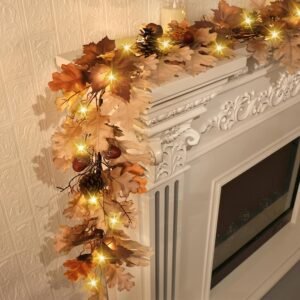 6FT Fall Garland with Lights – Maple Leaves, Pinecones & Acorns for Thanksgiving & Halloween Table, Mantel & Home Decor