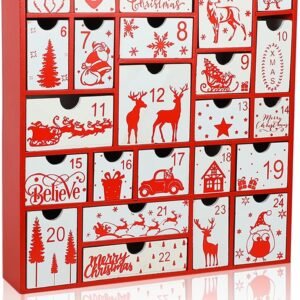 Wooden Advent Calendar with 24 Drawers – Red Christmas Countdown Decoration