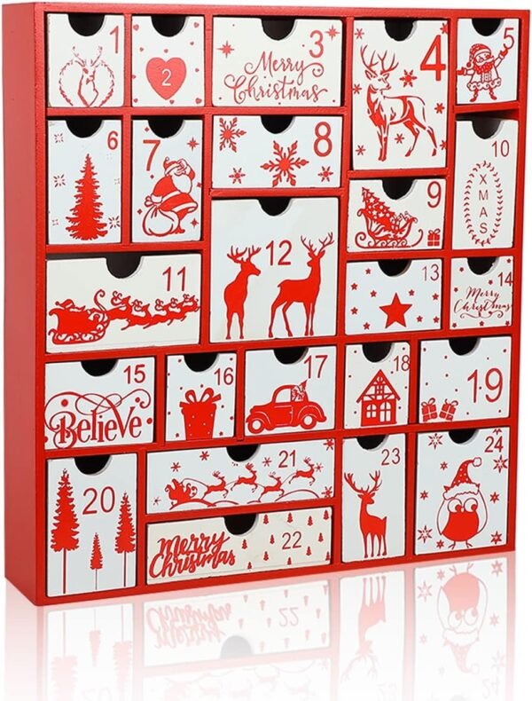 Wooden Advent Calendar with 24 Drawers – Red Christmas Countdown Decoration