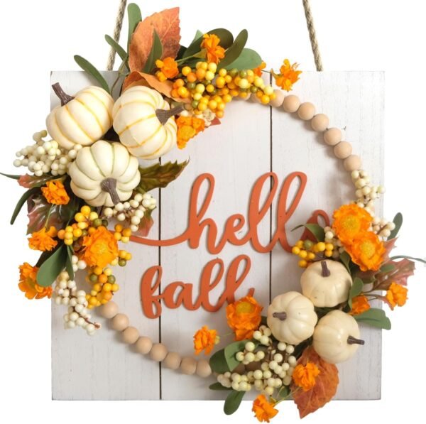 Hello Fall Wooden Square Wreath with Pumpkin & Berries – Farmhouse Front Door Decor for Thanksgiving & Autumn
