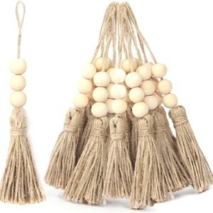 20-Pack Jute Tassels with 3 Wood Beads – Hemp Rope Garland for DIY Crafts, Christmas, Wedding & Home Decor (Natural)