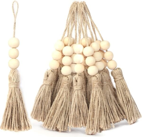 20-Pack Jute Tassels with 3 Wood Beads – Hemp Rope Garland for DIY Crafts, Christmas, Wedding & Home Decor (Natural)