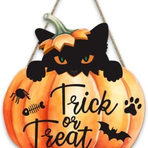 11.4" Trick or Treat Wooden Sign – Black Cat on Pumpkin Wall Decor for Halloween Home, Party & Haunted House