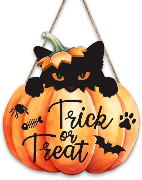 11.4" Trick or Treat Wooden Sign – Black Cat on Pumpkin Wall Decor for Halloween Home, Party & Haunted House