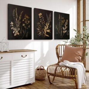 Set of 3 Black Botanical Canvas Prints – Vintage Floral Wall Art, 12x16" Framed for Bedroom & Living Room
