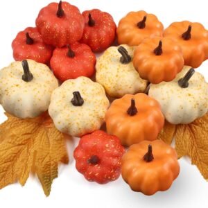 16PCS Mini Artificial Pumpkins with Fall Leaves – White Foam DIY Decor for Thanksgiving & Halloween