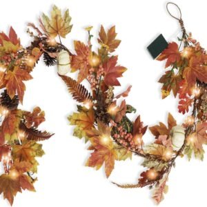 6 Ft Fall Garland with Leaves, Pumpkins & LED Lights – Thanksgiving & Halloween Decor