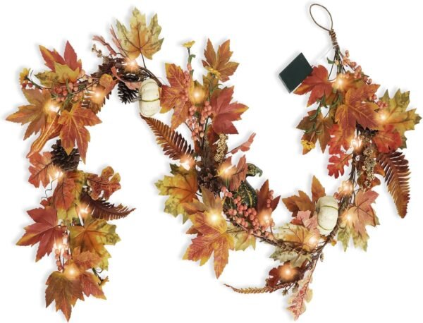 6 Ft Fall Garland with Leaves, Pumpkins & LED Lights – Thanksgiving & Halloween Decor