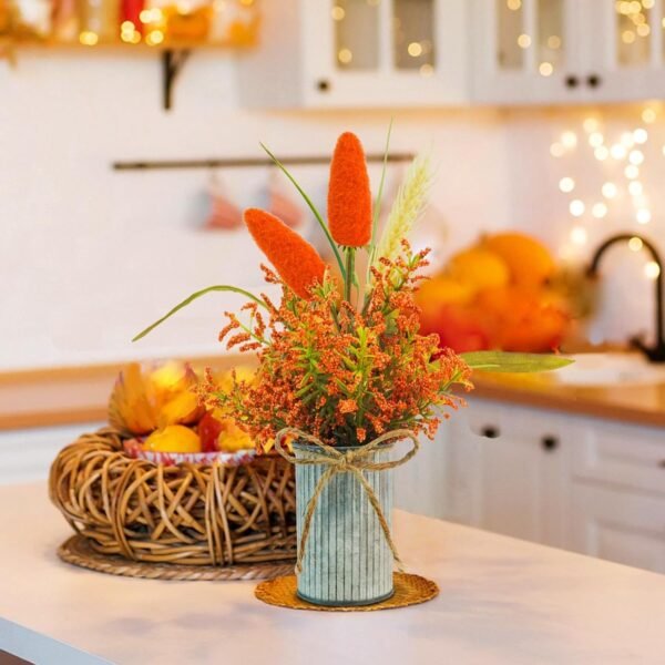 Fall Vase with Artificial Flowers– 11" Faux Bunny Tails, Berries & Wheat Stalks – Autumn Table Centerpiece & Home Harvest Decor