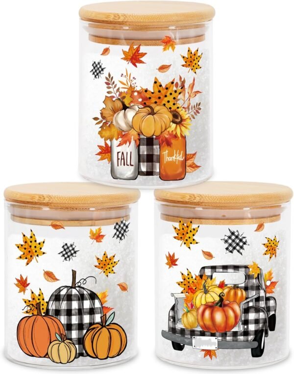 3Pcs Fall Glass Jars with Bamboo Lids – Pumpkin Truck & Leaves Canisters for Autumn Thanksgiving Kitchen Countertop Decor