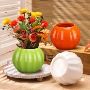 3-Pc Pumpkin Ceramic Vases – 5.5" White, Orange & Green Fall Flower Pots for Thanksgiving Home, Office, or Farmhouse Decor