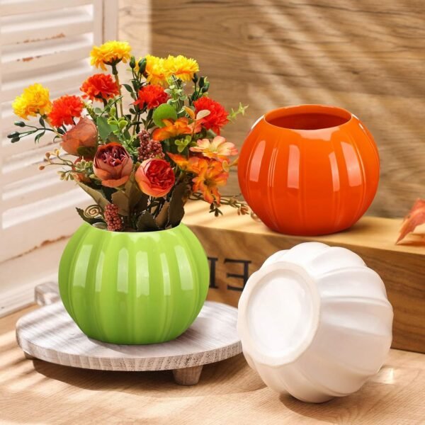 3-Pc Pumpkin Ceramic Vases – 5.5" White, Orange & Green Fall Flower Pots for Thanksgiving Home, Office, or Farmhouse Decor