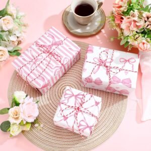 6 Rolls Pink & White Bow Wrapping Paper – 3 Styles for Bridal Showers, Birthdays & Party Gifts