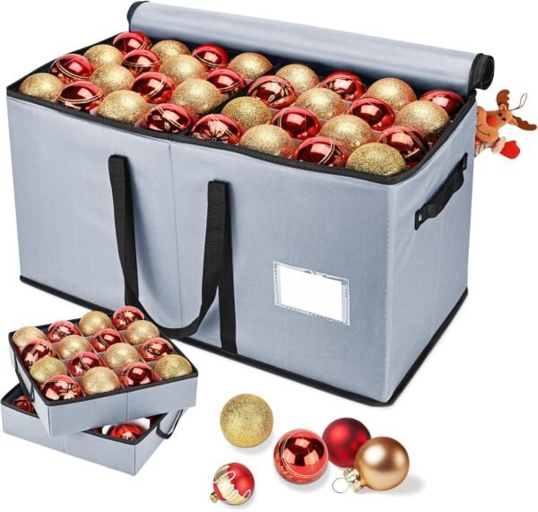 Christmas Ornament Storage Box – Holds 128 3" Balls with 8 Removable Trays & Dividers (Grey)
