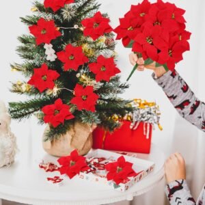 6-Pack Artificial Poinsettias – 7-Head 17.7" Velvet Faux Christmas Flowers for Indoor/Outdoor Decor (Assembly Required)