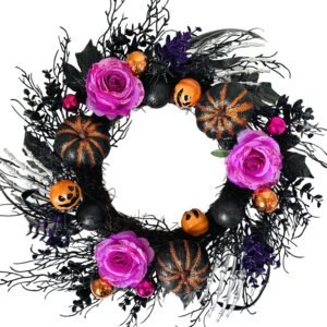 22" Black Halloween Wreath – Pumpkin, Rose & Skeleton Hand Welcome Decor for Front Door or Wall