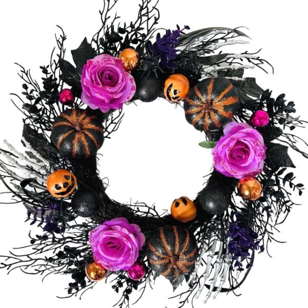 22" Black Halloween Wreath – Pumpkin, Rose & Skeleton Hand Welcome Decor for Front Door or Wall