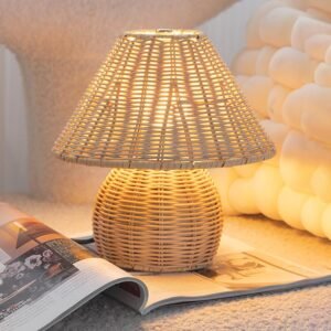 Boho Rattan Table Lamp – Vintage Wicker Light with 3 Color Modes & E26 Bulb for Bedroom, Living Room & Office
