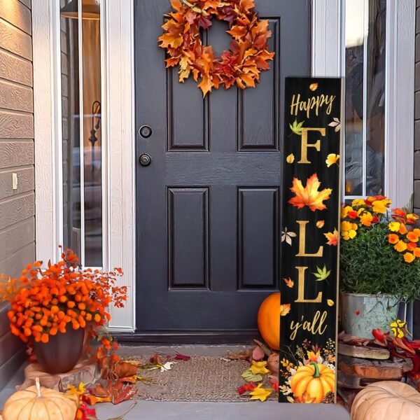 Fall Pumpkin Welcome Sign – “Happy Autumn Y’all” Wooden Porch Decor with Maple Leaves