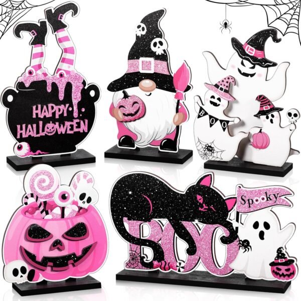 5 Pcs Halloween Table Signs – Happy Boo Day with Gnome, Cat, Pumpkin & Ghost Decor