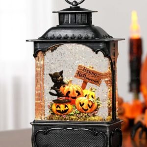 10.2" Halloween Snow Globe Lantern – Black Cat, Ghost & Pumpkin Decor with Timer, USB & Battery Powered