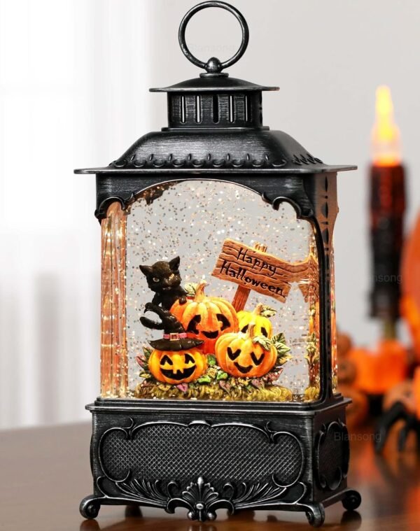 10.2" Halloween Snow Globe Lantern – Black Cat, Ghost & Pumpkin Decor with Timer, USB & Battery Powered