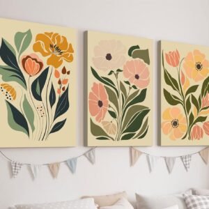 3 Pcs Framed Boho Floral Canvas Art – Abstract Botanical Prints, 16x24" for Living Room & Bedroom