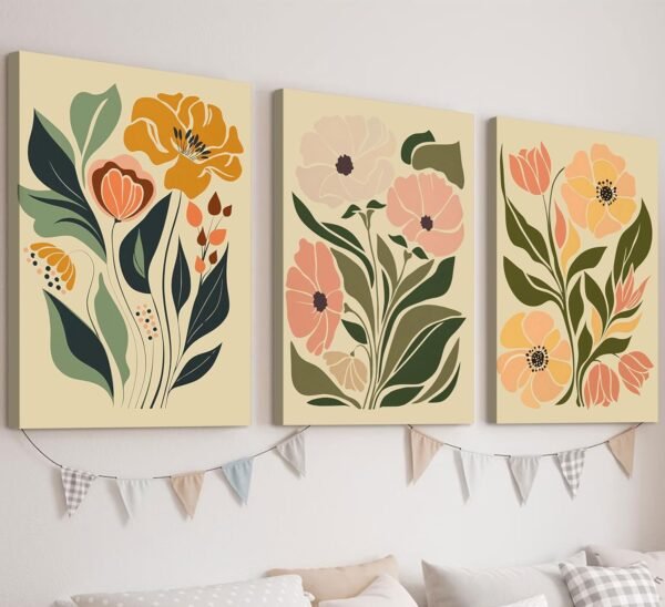 3 Pcs Framed Boho Floral Canvas Art – Abstract Botanical Prints, 16x24" for Living Room & Bedroom