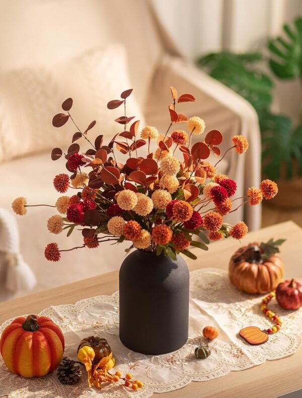 Fall Flowers in Vase – Metal Vase with 12 Fake Mum & Eucalyptus Stems, Burnt Orange Floral Centerpiece for Home Table Decor