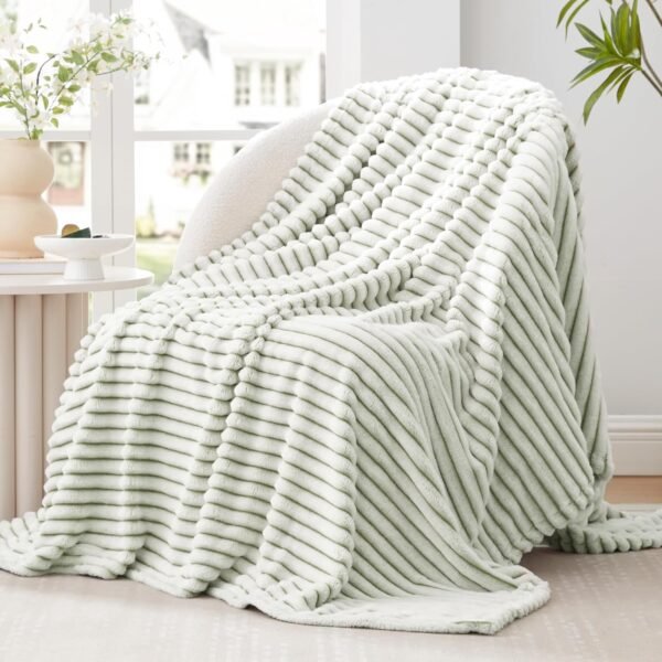 3D Stripe Jacquard Fleece Throw Blanket – Soft, Lightweight Flannel for Couch or Bed, 50"x60" (Green)